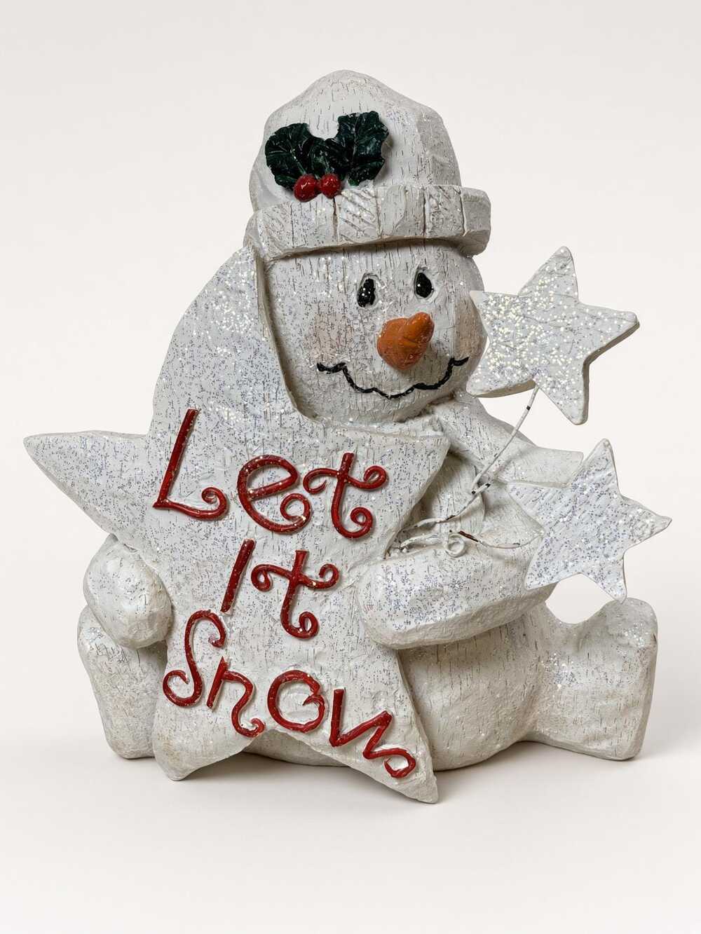 Let It Snow Snowman, Vintage Glitter Statue, White Holiday Shelf Figure